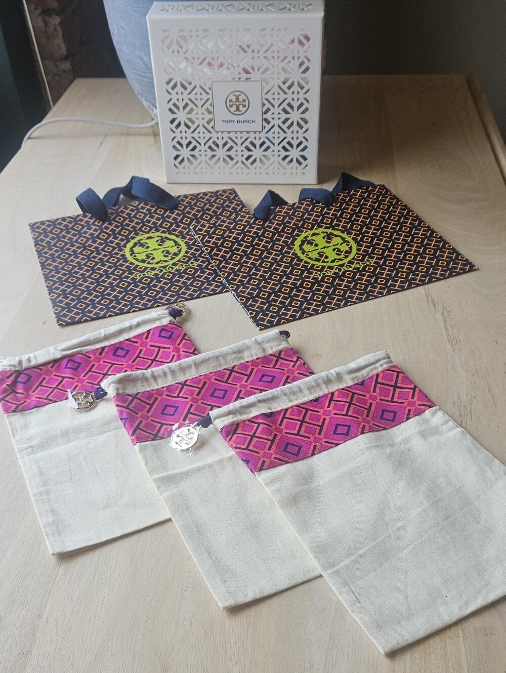 Tory Burch White Decorative Box with Gold Logo & 3 small dust bags & 2 bags